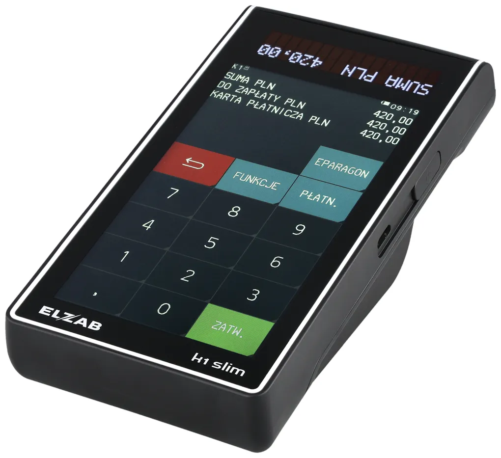 Kasa fiskalna ELZAB K1 SLIM ONLINE BT/GPRS – widok z góry pod kątem