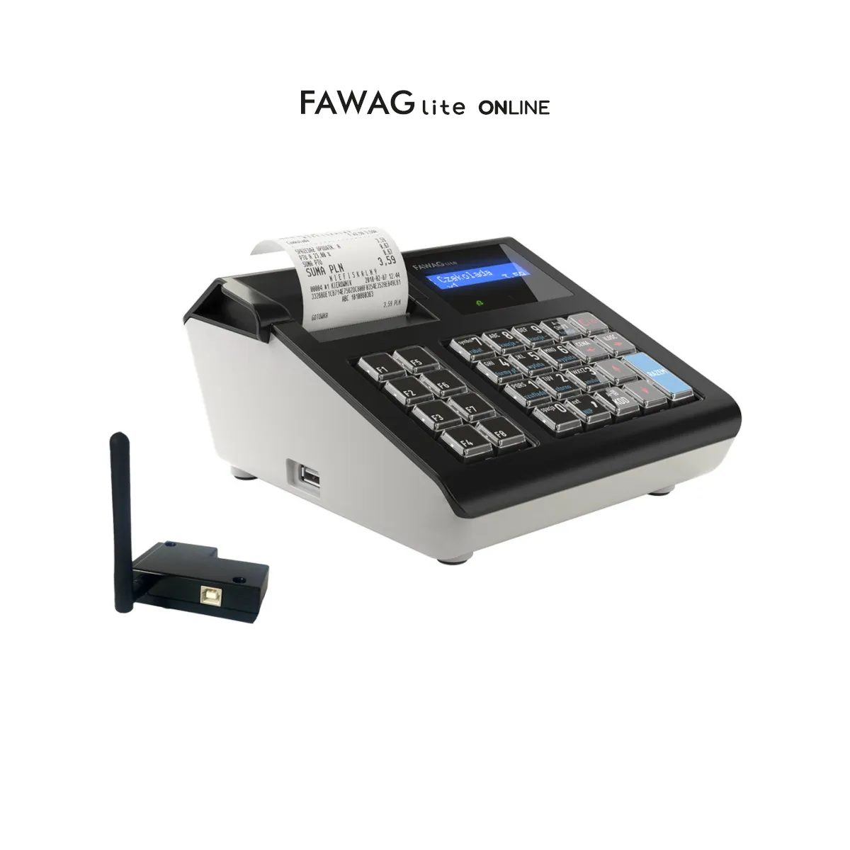 Kasa fiskalna FAWAG LITE ONLINE - widok z przodu pod kątem z modułem bezprzewodowym