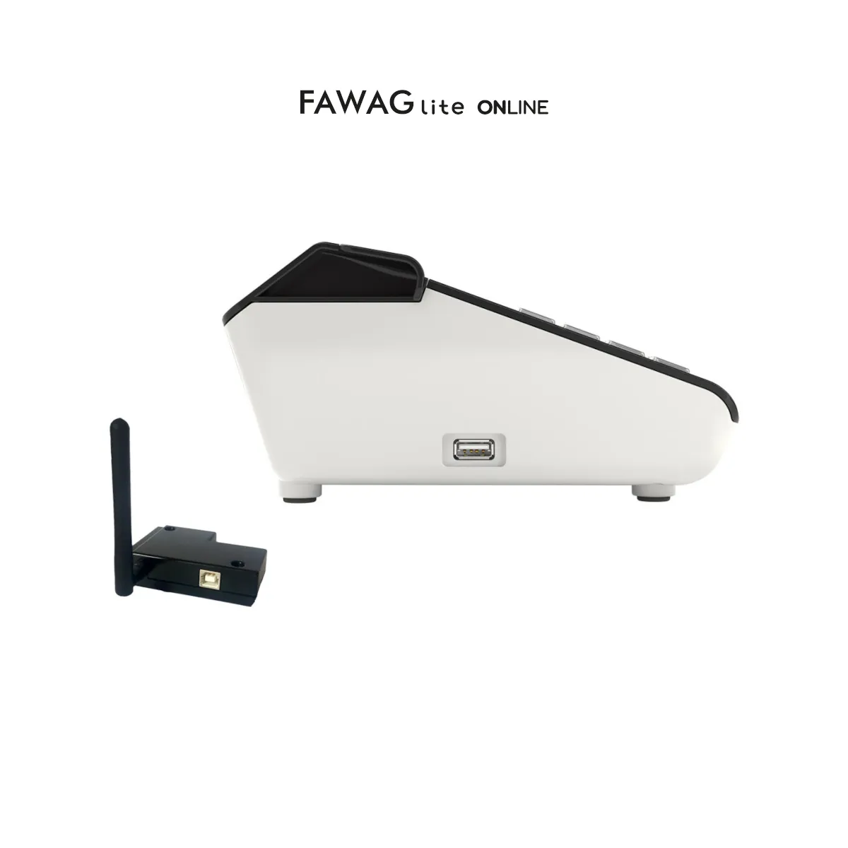 Kasa fiskalna FAWAG LITE ONLINE - widok z boku z modułem bezprzewodowym