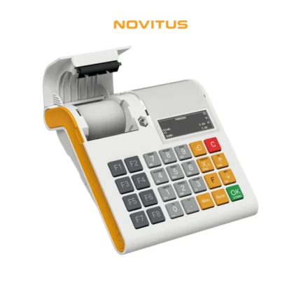 Kasa fiskalna NOVITUS LINK ONLINE - widok z góry pod kątem z otwartą pokrywą na rolkę fiskalną