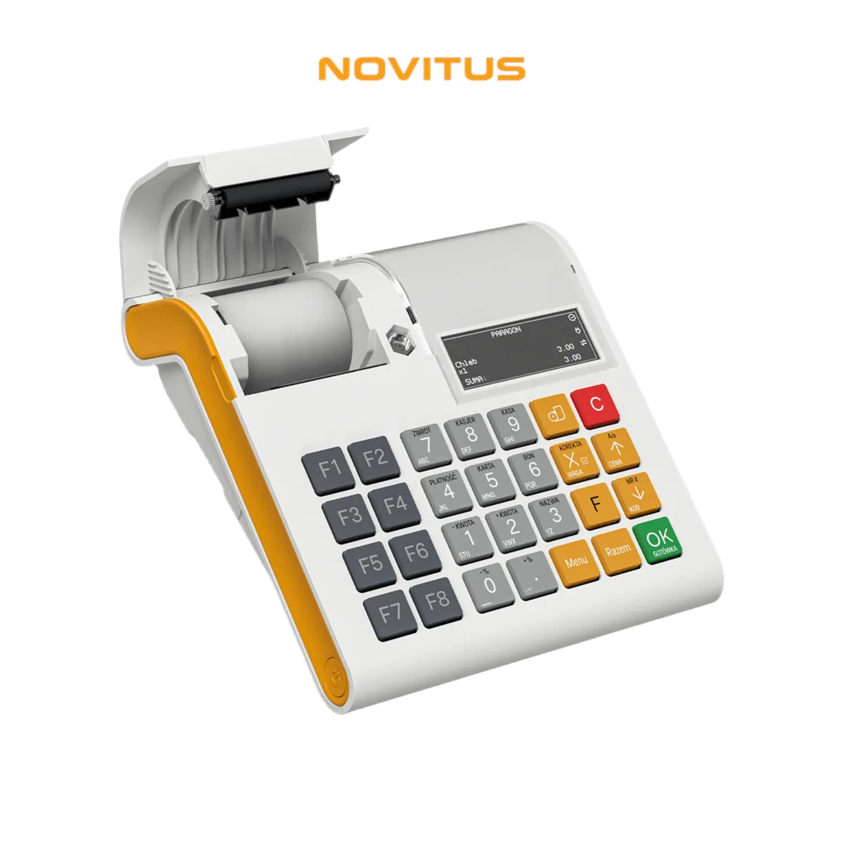 Kasa fiskalna NOVITUS LINK ONLINE - widok z góry pod kątem z otwartą pokrywą na rolkę fiskalną