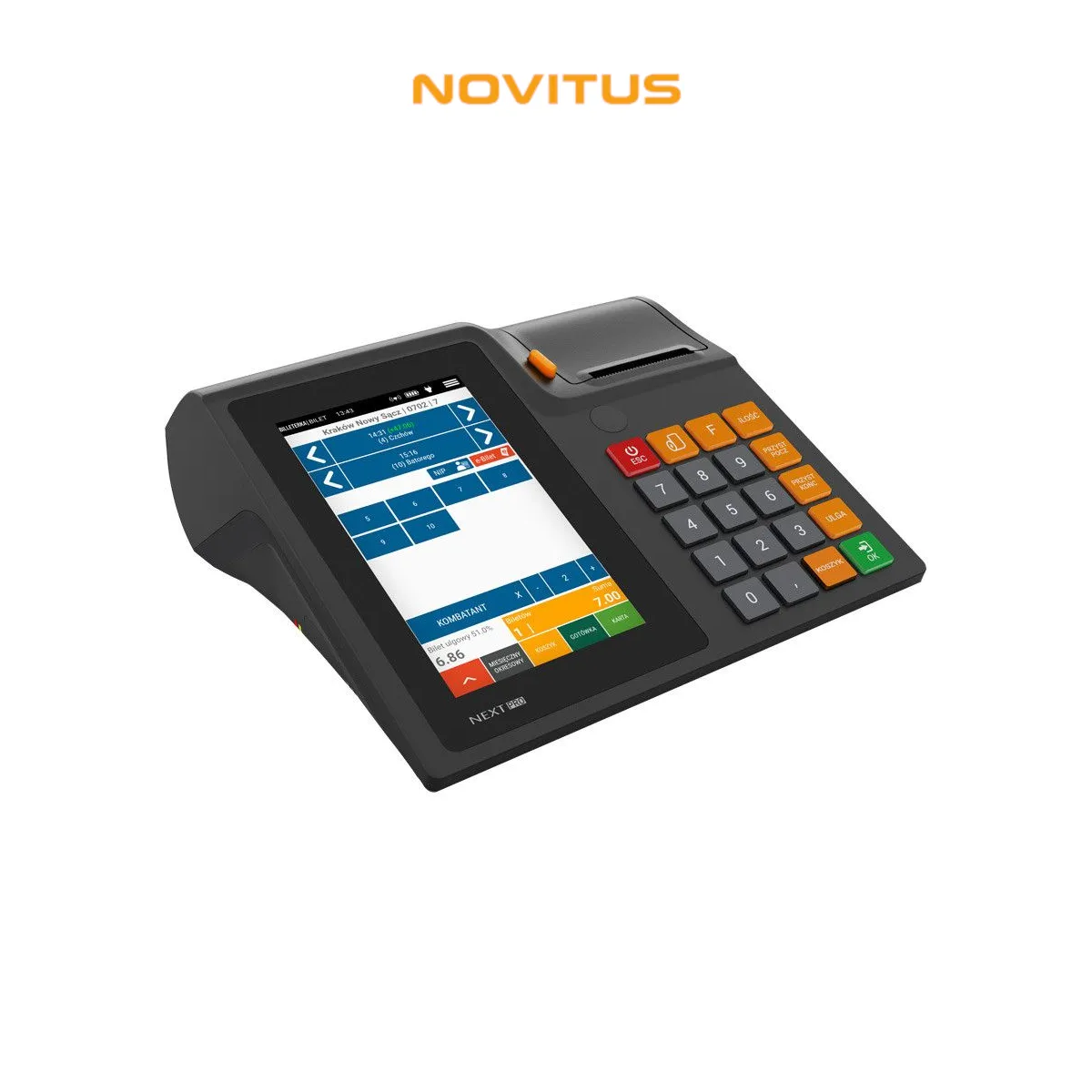 Kasa fiskalna NOVITUS NEXT PRO ONLINE wersja BUS GSM24 - widok z góry pod kątem