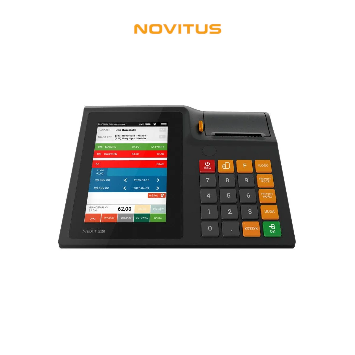 Kasa fiskalna NOVITUS NEXT PRO ONLINE wersja BUS GSM24 - widok z góry pod kątem