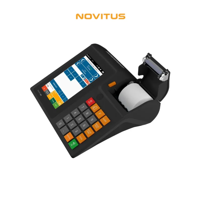 Kasa fiskalna NOVITUS NEXT PRO ONLINE wersja BUS GSM24 - widok z góry pod kątem z otwartą pokrywą na papier termiczny