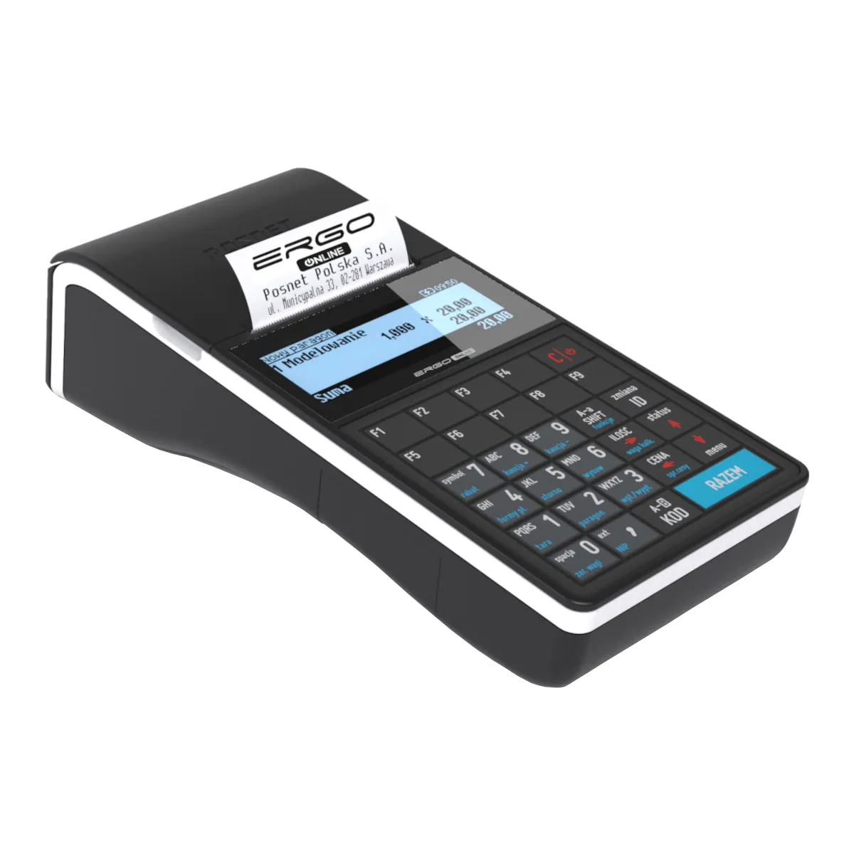 Kasa fiskalna POSNET ERGO ONLINE - widok z przodu pod kątem