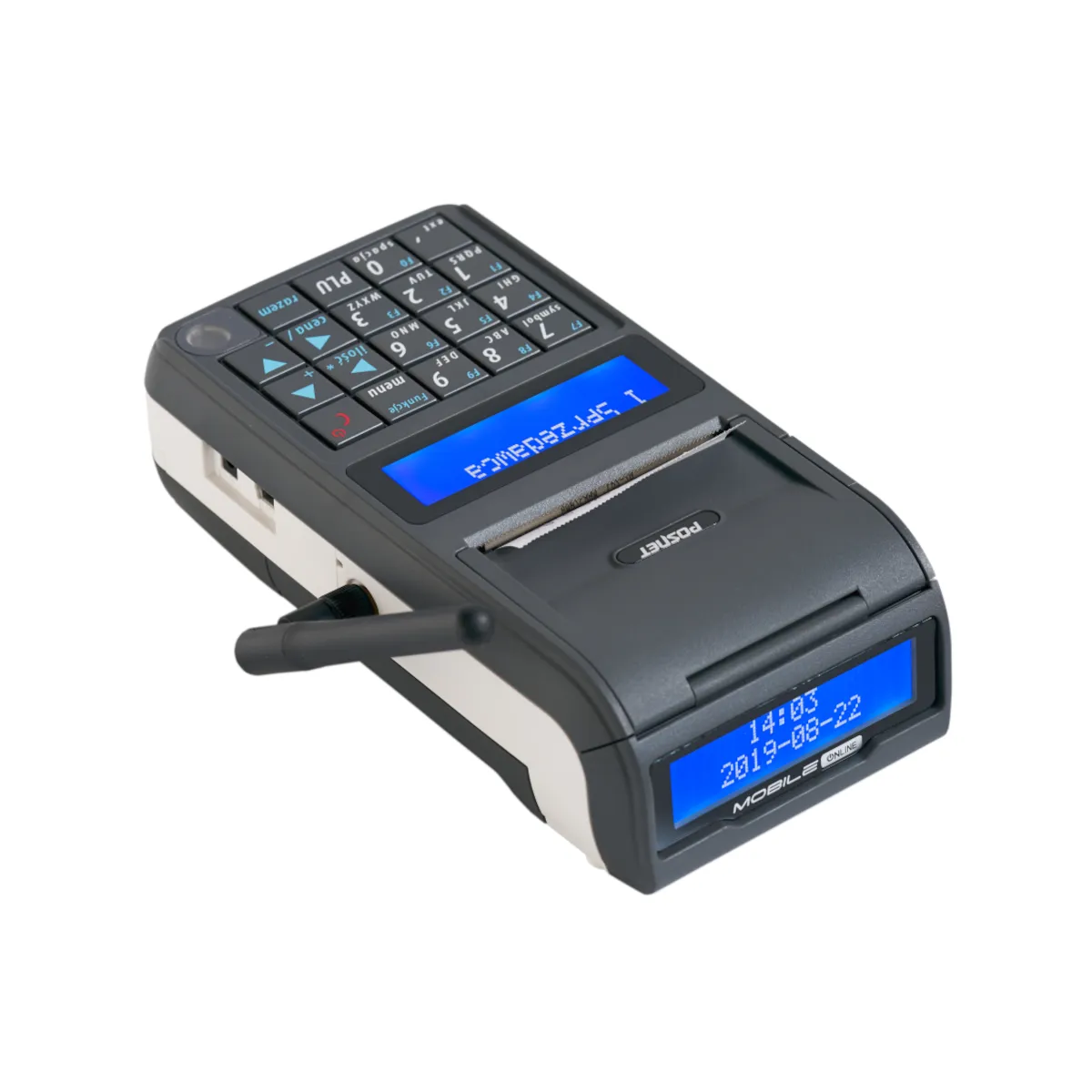 Kasa fiskalna POSNET MOBILE ONLINE - widok od frontu pod kątem z podłączoną anteną