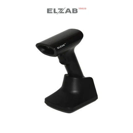 Czytnik kodów kreskowych ELZAB BS80 2D - widok z boku pod kątem wraz z podstawką