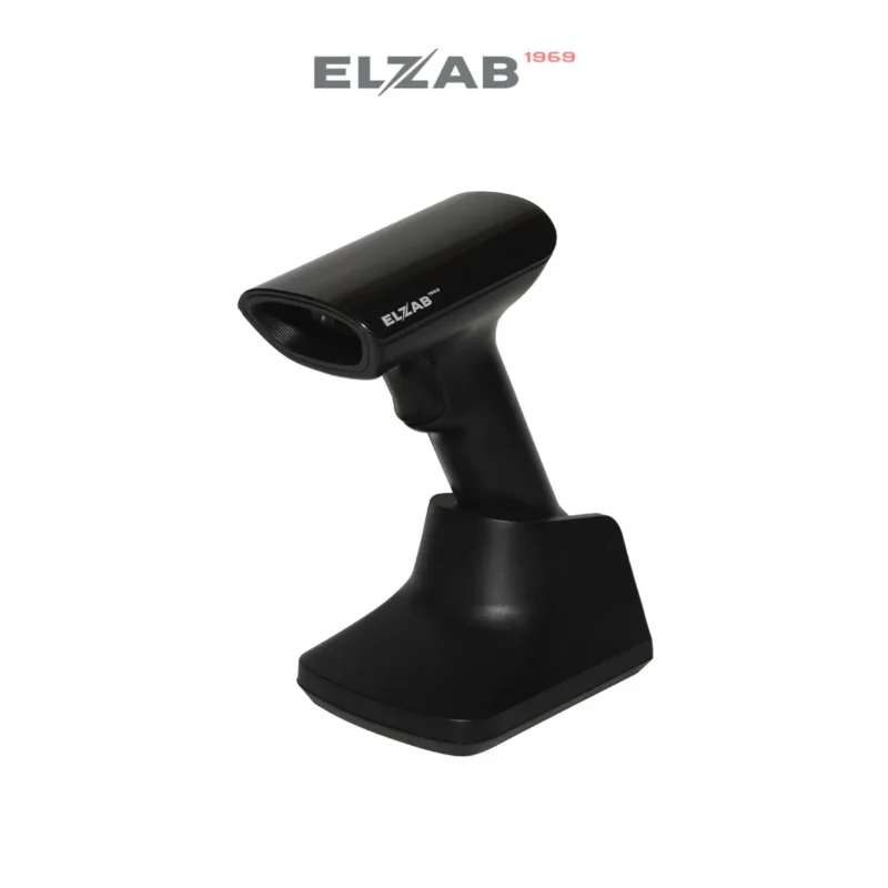 Czytnik kodów kreskowych ELZAB BS80 2D - widok z boku pod kątem wraz z podstawką