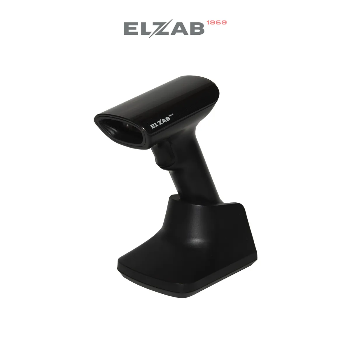 Czytnik kodów kreskowych ELZAB BS80 2D - widok z boku pod kątem wraz z podstawką