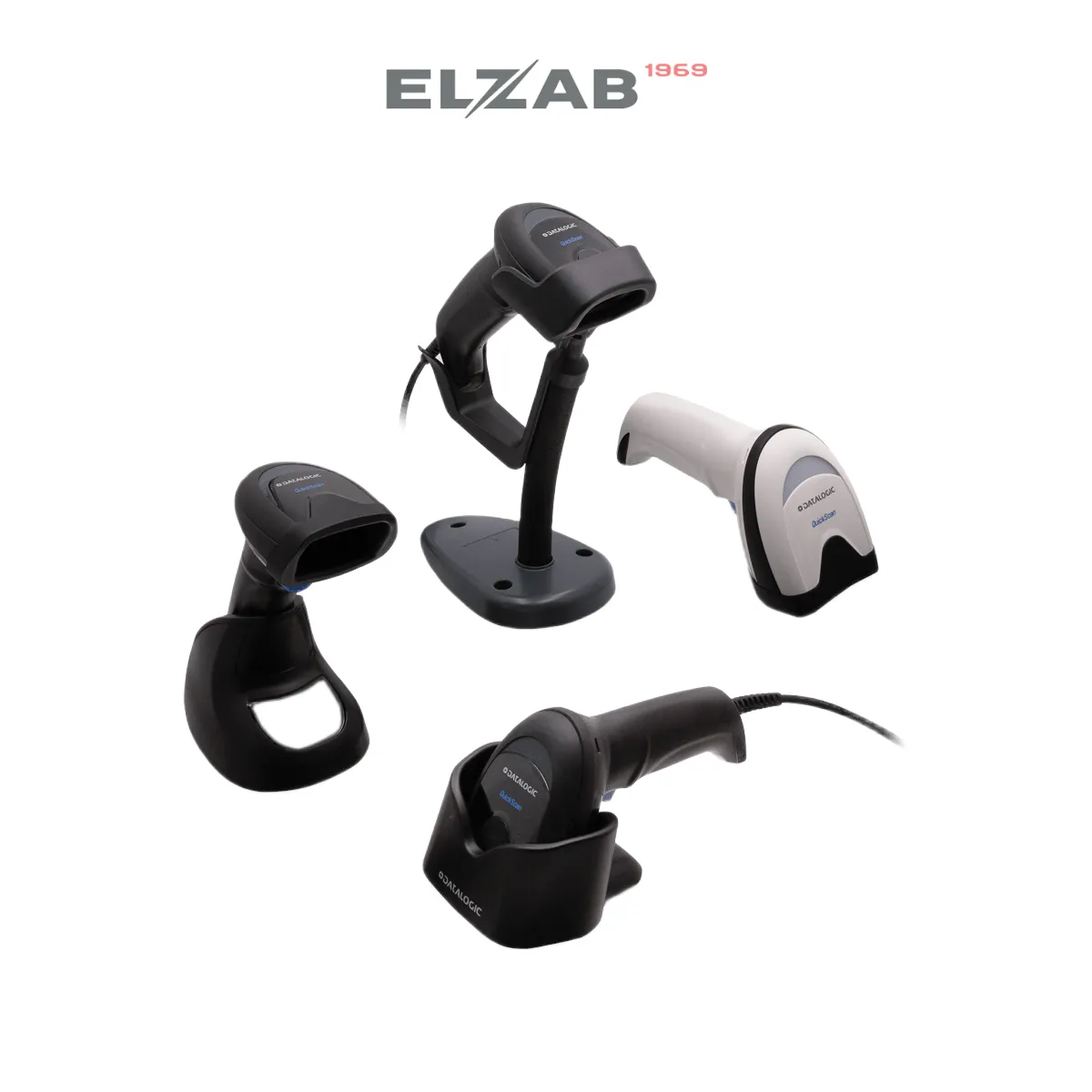 Czytnik kodów kreskowych ELZAB QUICKSCAN QD2590 - widok czterech czytników z podstawką