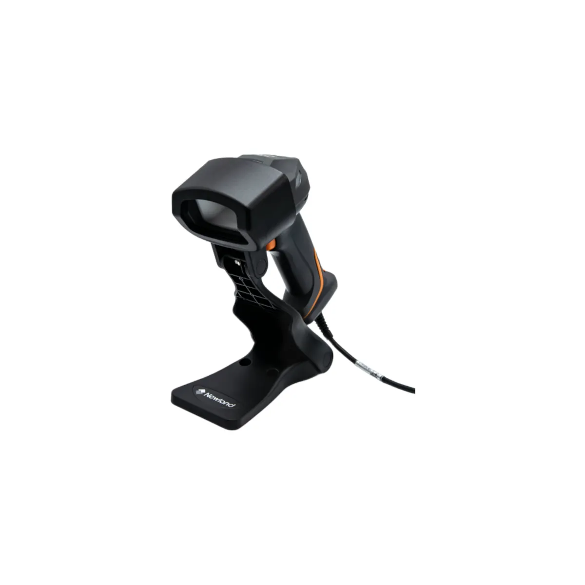 Czytnik kodów kreskowych NEWLAND NVH300 ANGLER DP - widok z boku pod kątem wraz z podstawką