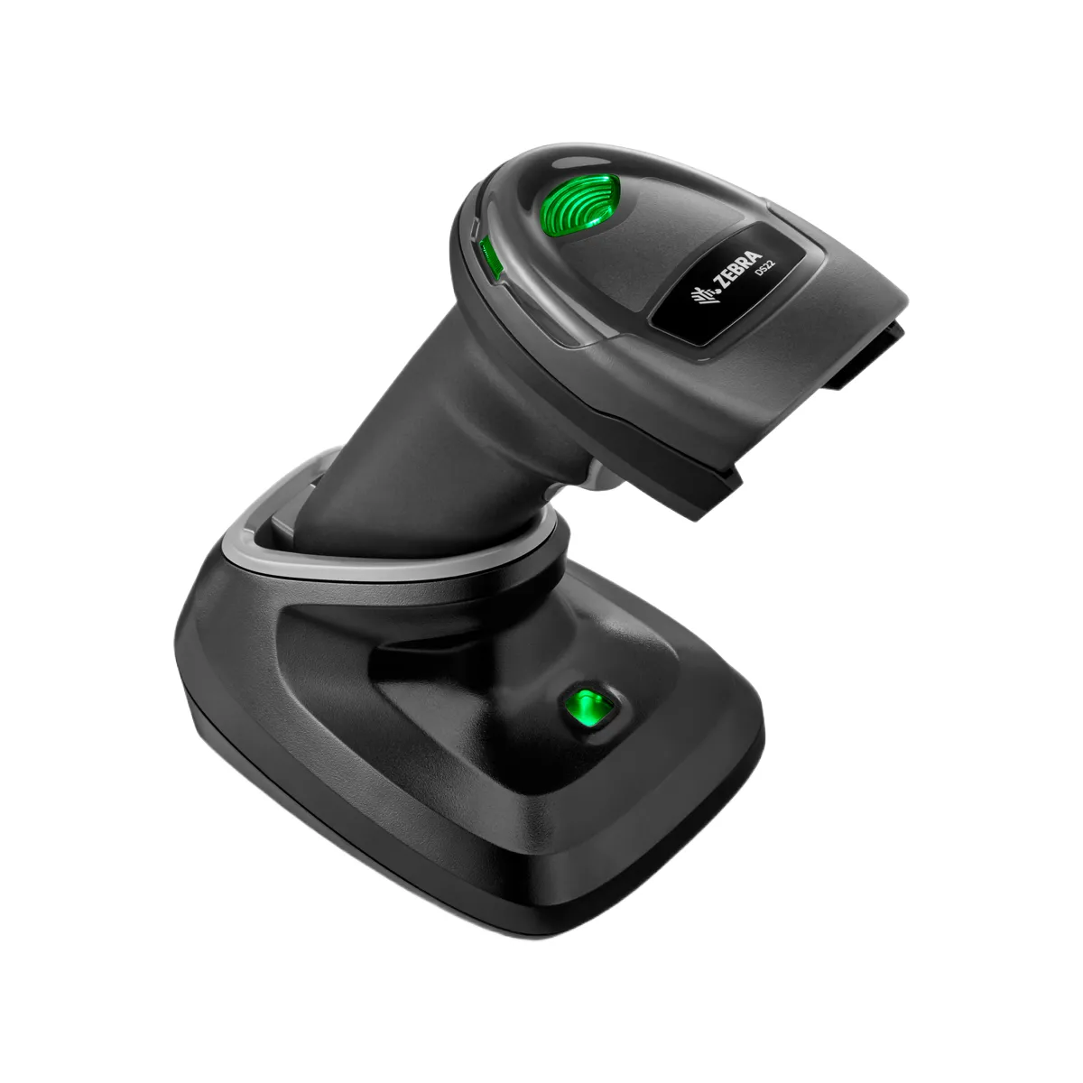 Czytnik kodów kreskowych ZEBRA DS2278 - widok z przodu pod kątem wraz z podstawką i ładowarką