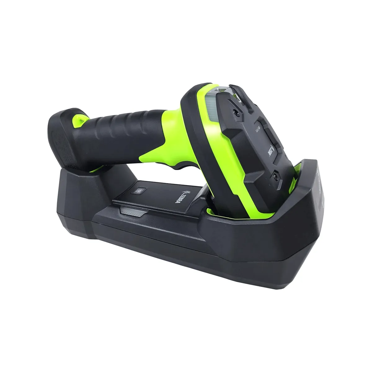 Czytnik kodów kreskowych ZEBRA DS3678-SR BEZPRZEWODOWY - widok z boku pod kątem wraz ze stojakiem i ładowarką