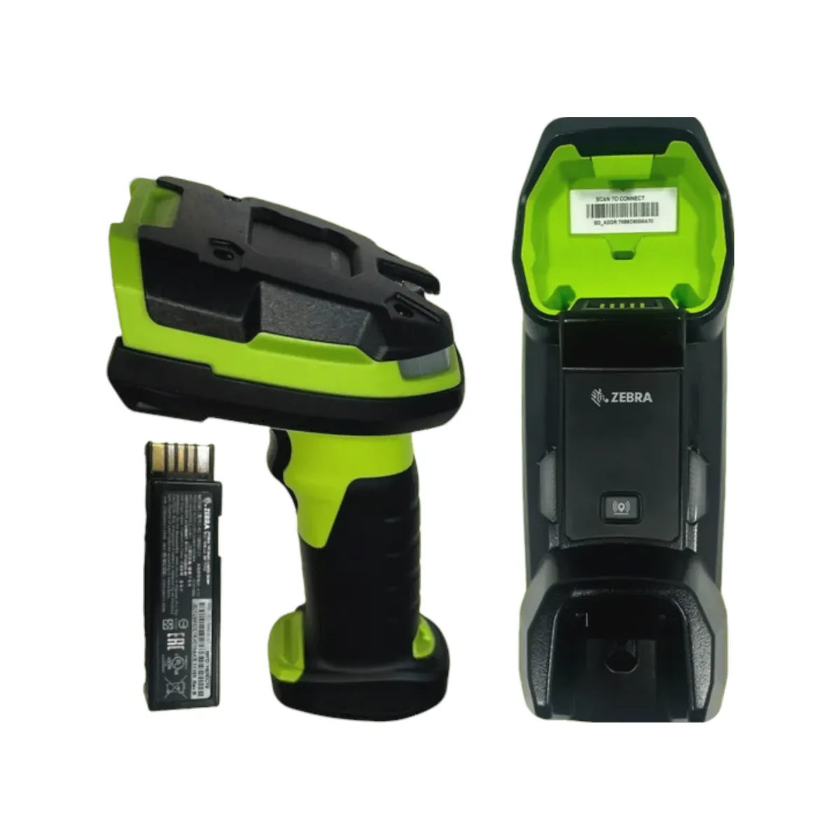 Czytnik kodów kreskowych ZEBRA DS3678-SR BEZPRZEWODOWY - widok ładowarki, czytnika oraz wymiennej baterii
