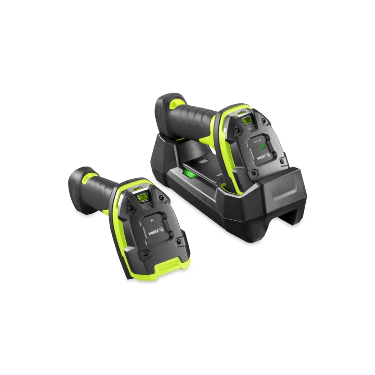 Czytnik kodów kreskowych ZEBRA DS3678-SR BEZPRZEWODOWY - widok z boku pod kątem wraz ze stojakiem i ładowarką oraz drugim czytnikiem