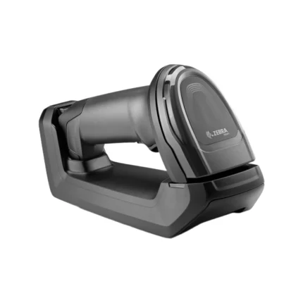 Czytnik kodów kreskowych ZEBRA DS8178 - widok z boku pod kątem wraz z podstawką i ładowarką