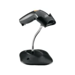 Czytnik kodów kreskowych ZEBRA LS1203 PRZEWODOWY - widok z boku pod kątem z podstawką