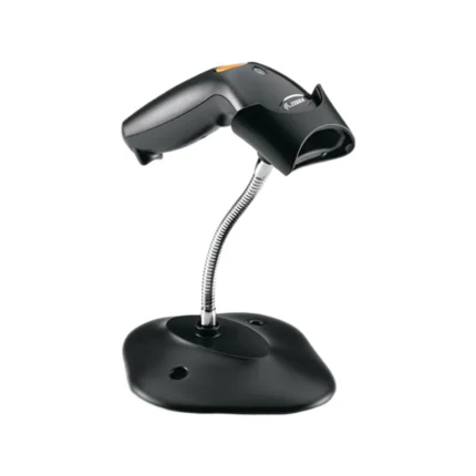 Czytnik kodów kreskowych ZEBRA LS1203 PRZEWODOWY - widok z boku pod kątem z podstawką