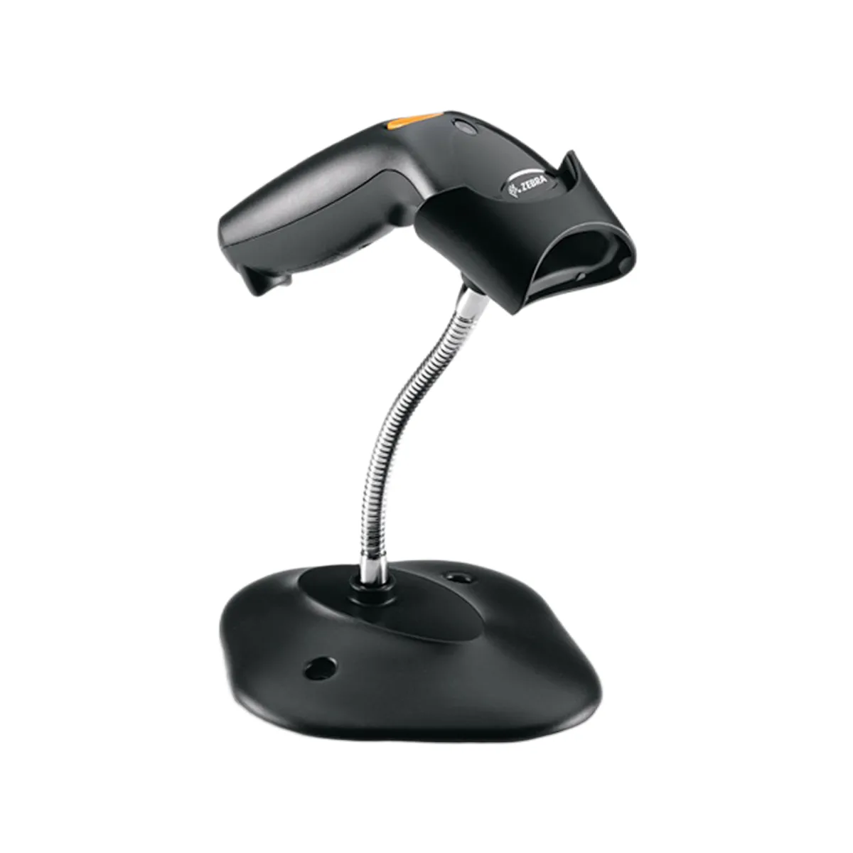 Czytnik kodów kreskowych ZEBRA LS1203 PRZEWODOWY - widok z boku pod kątem z podstawką