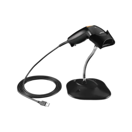 Czytnik kodów kreskowych ZEBRA LS1203 PRZEWODOWY - widok z boku pod kątem z podstawką i kablem USB