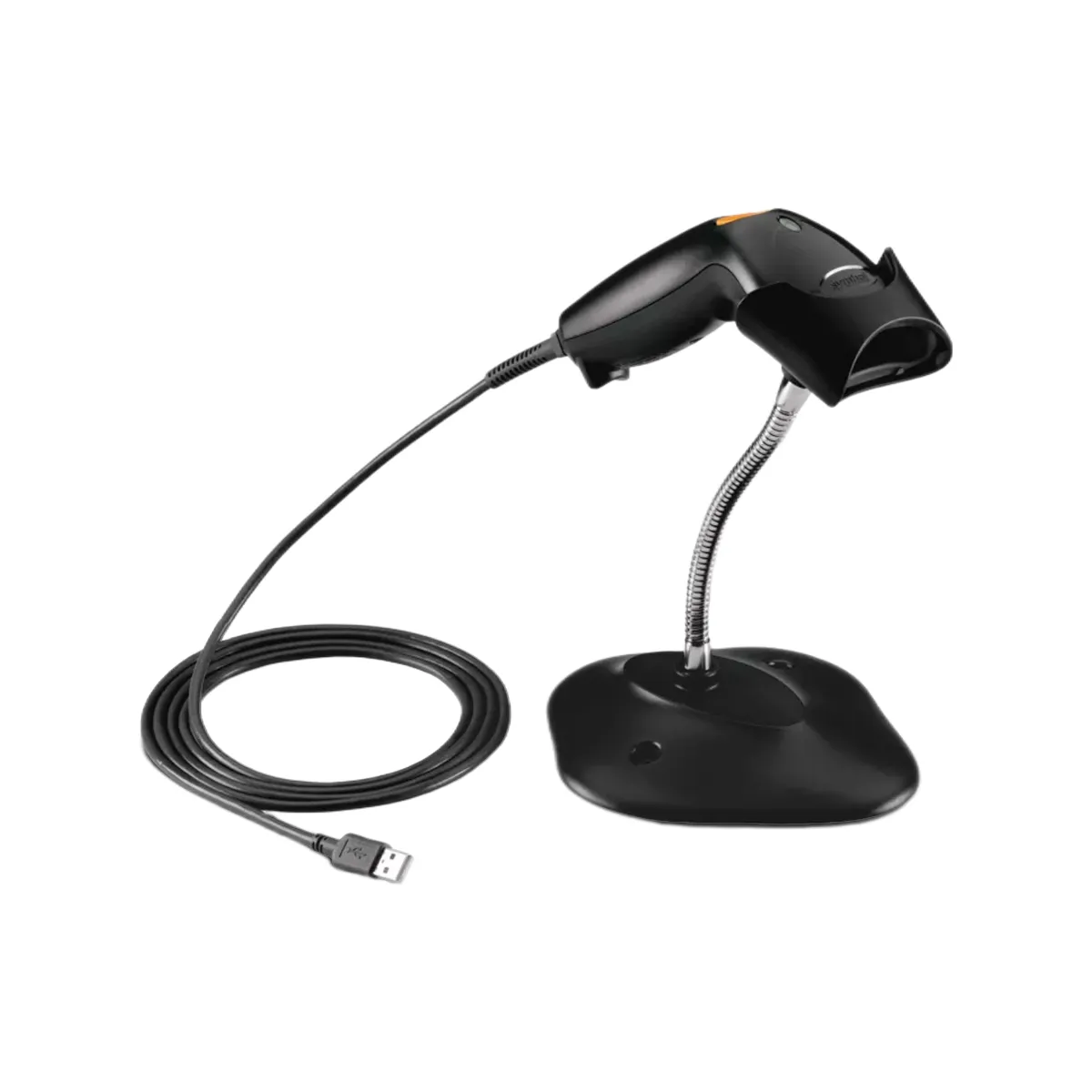 Czytnik kodów kreskowych ZEBRA LS1203 PRZEWODOWY - widok z boku pod kątem z podstawką i kablem USB