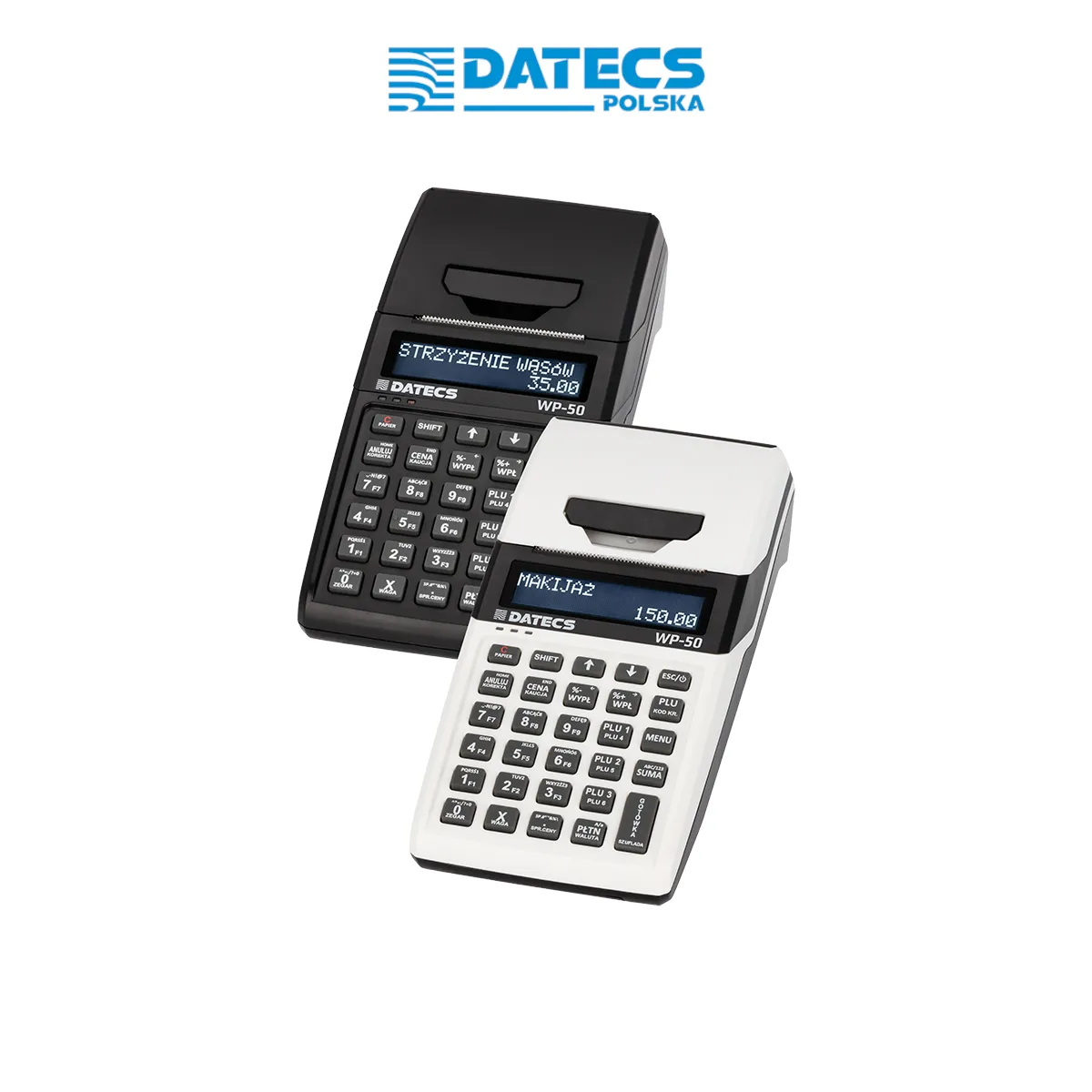 Kasa fiskalna DATECS WP-50 - widok dwóch kas, w dwóch wersjach kolorowych z przodu pod kątem.