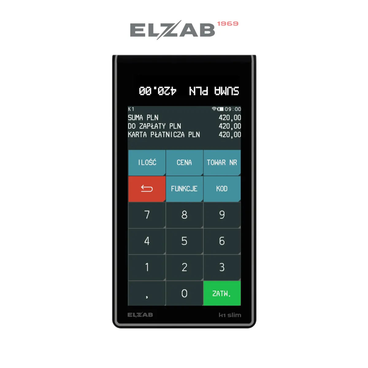 Kasa fiskalna ELZAB K1 SLIM ONLINE - widok z góry - wersja Bluetooth/GPRS