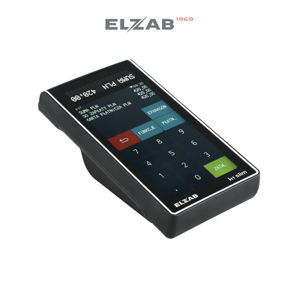Kasa fiskalna ELZAB K1 SLIM ONLINE – widok z góry pod kątem - wersja Bluetooth/GPRS