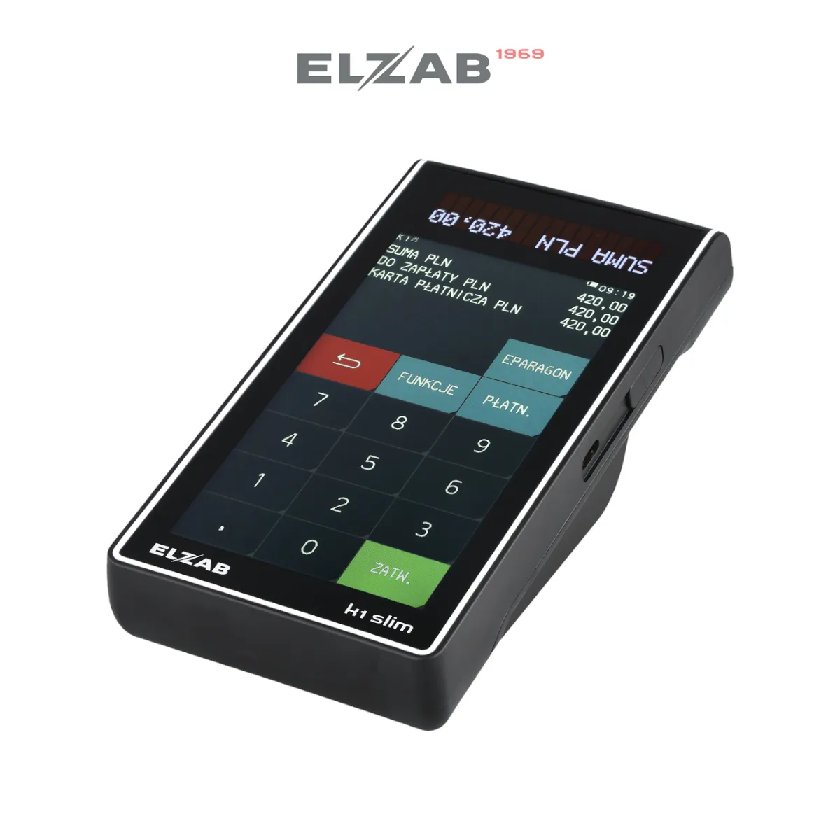 Kasa fiskalna ELZAB K1 SLIM ONLINE – widok z góry pod kątem - wersja Bluetooth/GPRS
