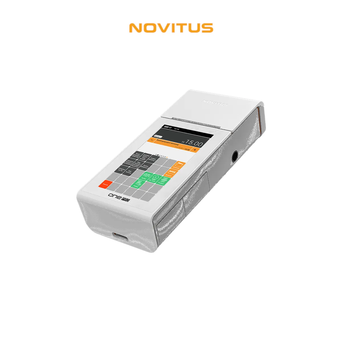 Kasa fiskalna NOVITUS ONE PRO GSM24 - widok z boku pod kątem. Kasa w kolorze białym